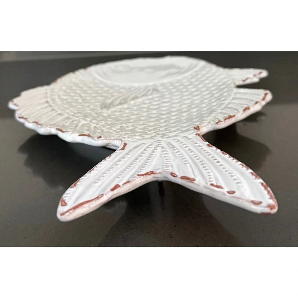Vtg Mud‎ Pie White Ceramic Fish Platter Embossed Scale Coastal Serving Tray